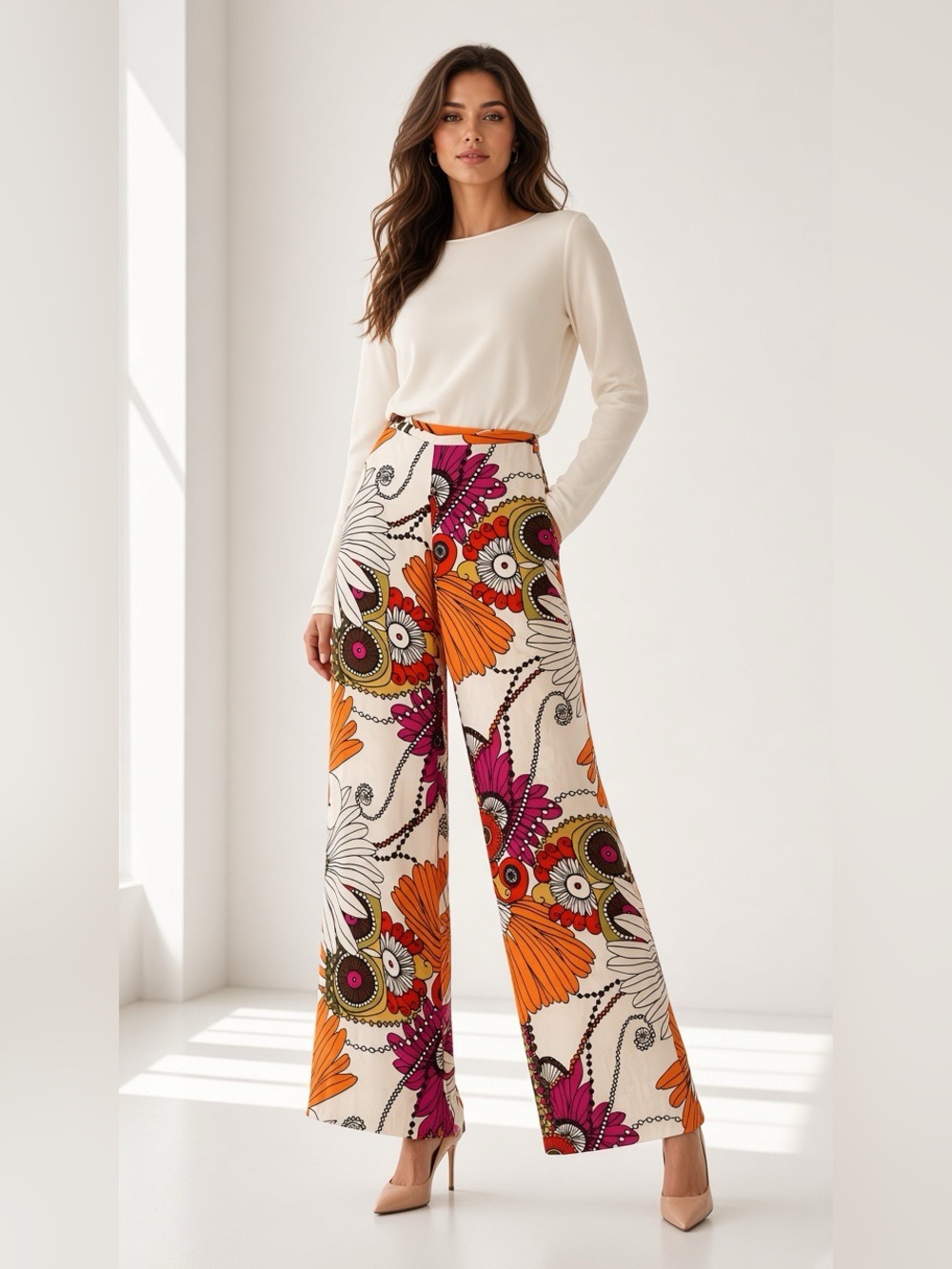 Trina Turk Silk Floral Wide-Leg Pants in Orange, Pink & Cream